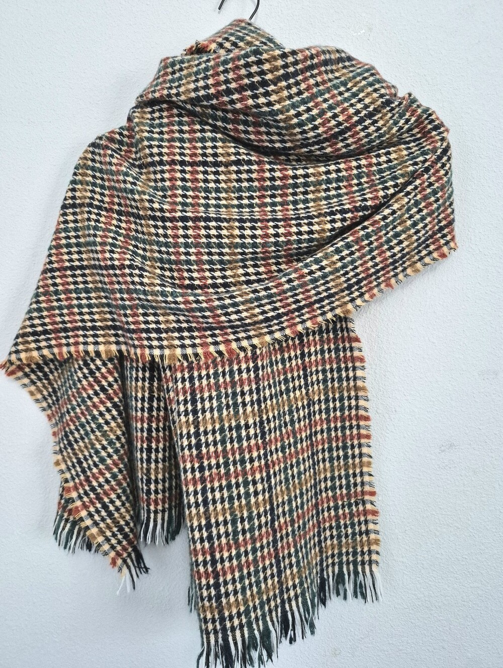 Maeve Anthropologie Houndstooth Fringe Wrap Scarf 30x76" Cozy Fall Earthy